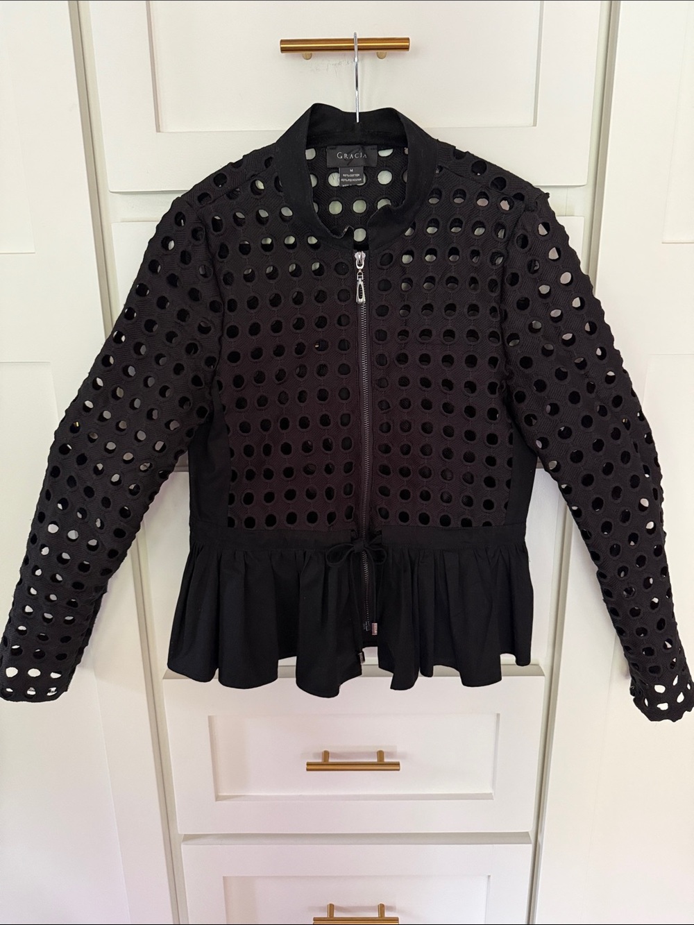 Gracia Black Eyelet Zip-Front Peplum Jacket